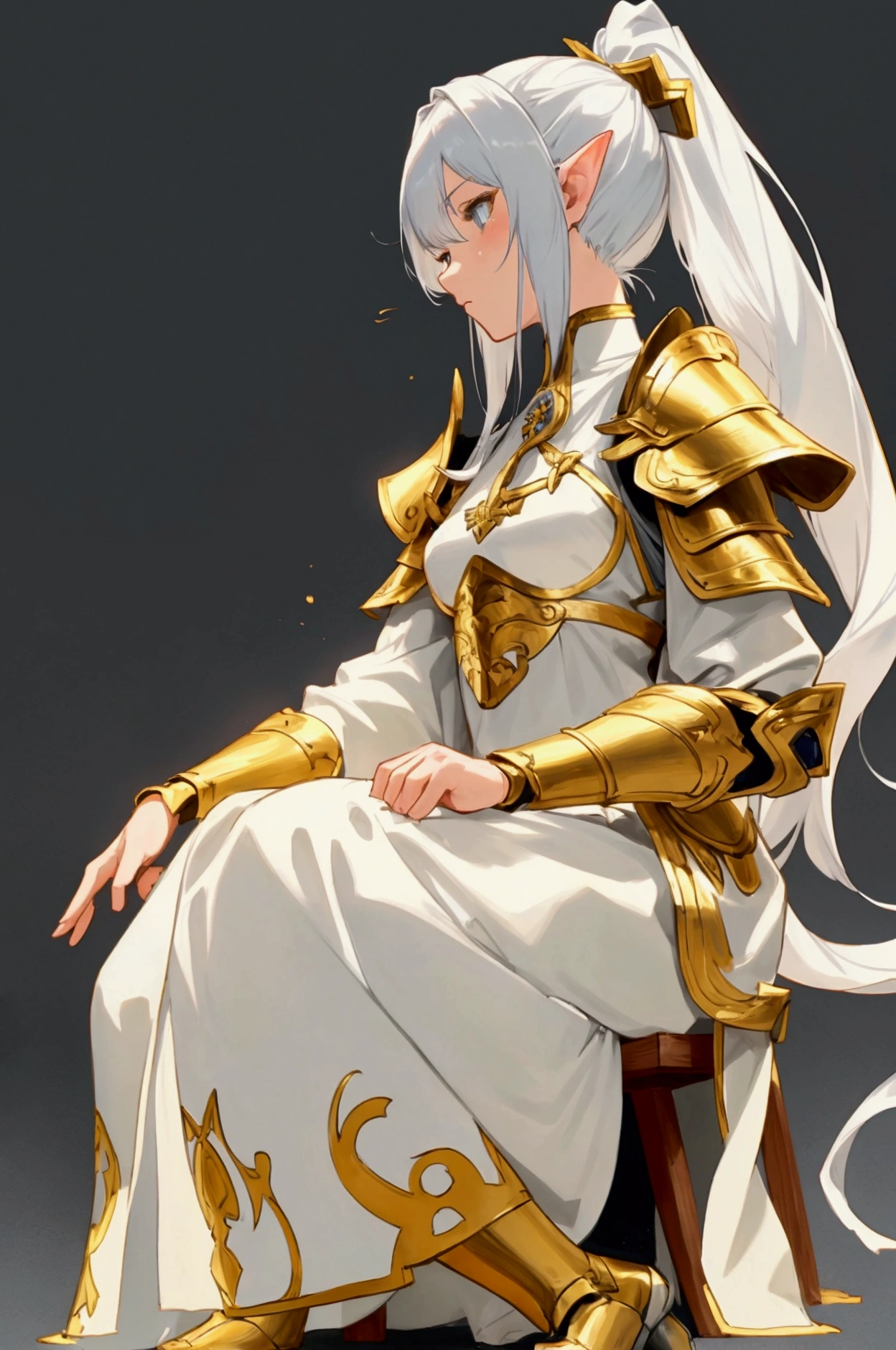 （8K，Best quality，style of anime），Ancient European realistic style armor，Silver-haired elven female mage, white clothing with gold accents, Two High ponytails，Wearing gold-white armor，Delicate facial features，The drawing style is similar to that of characters in anime，Boots，Gaiters，with a pure white background，Character design