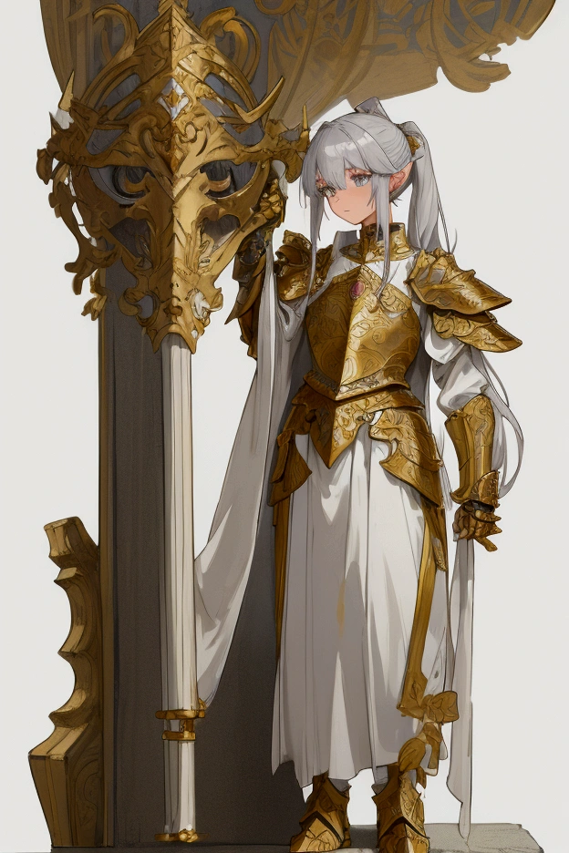 (8K,Best quality,style of anime),Ancient European realistic style armor,Silver-haired elven female mage, white clothing with gold accents, Two High ponytails,Wearing gold-white armor,Delicate facial features,The drawing style is similar to that of characters in anime,Boots,Gaiters,with a pure white background,Character design
