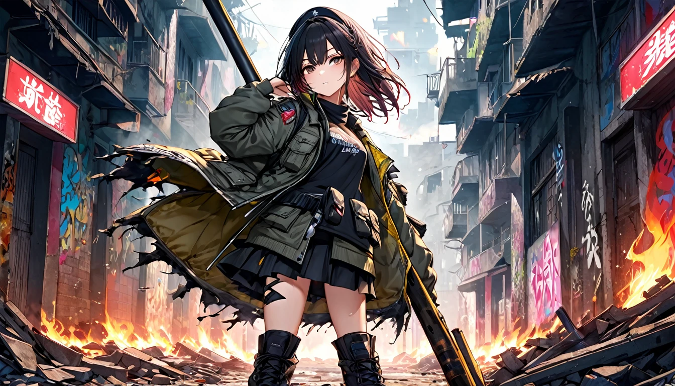 **232. One person。A ruined city and a rebel female warrior。Devastation+Rebellious。Cowboy shot or close-up。
masterpiece, best quality, ultra detailed (Detailed fingers), (Emotional), (Breathtakingly beautiful),
(main part: 1.2 Whole body。), (Anime Style), (Very detailed), (Rebelliousな),
(超High resolution, High resolution), (8k), (High resolution: 1.2), (Complex and beautiful: 1.2)**
- background: Abandoned slums、A wall covered in graffiti。
- character: Female soldier in tattered jacket and military boots。
-pose: Holding a bat in the ruins、Looking straight ahead。
-expression: 鋭い目つきとRebelliousな表情、Makes you feel determined。
- Effects: Smoke leaking from destroyed buildings、A fire burning in the distance。
-color: In dark tones、Contrast with neon lights shining in some areas。
