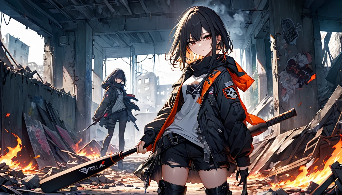**232. One person。A ruined city and a rebel female warrior。Devastation＋Rebellious。Cowboy shot or close-up。  
masterpiece, best quality, ultra detailed (Detailed fingers), (Emotional), (Breathtakingly beautiful),  
(main part: 1.2 Whole body。), (Anime Style), (Very detailed), (Rebelliousな),  
(超High resolution, High resolution), (8k), (High resolution: 1.2), (Complex and beautiful: 1.2)**
- background: Abandoned slums、A wall covered in graffiti。
- character: Female soldier in tattered jacket and military boots。
-pose: Holding a bat in the ruins、Looking straight ahead。
-expression: 鋭い目つきとRebelliousな表情、Makes you feel determined。
- Effects: Smoke leaking from destroyed buildings、A fire burning in the distance。
-color: In dark tones、Contrast with neon lights shining in some areas。
