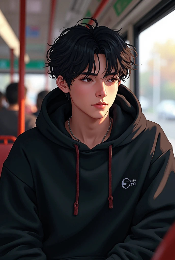 A white-skinned man, but not so white, with normal facial features, but also handsome., by the fluffy style, sitting on a bus, messy black hair with black streetwear hoodie