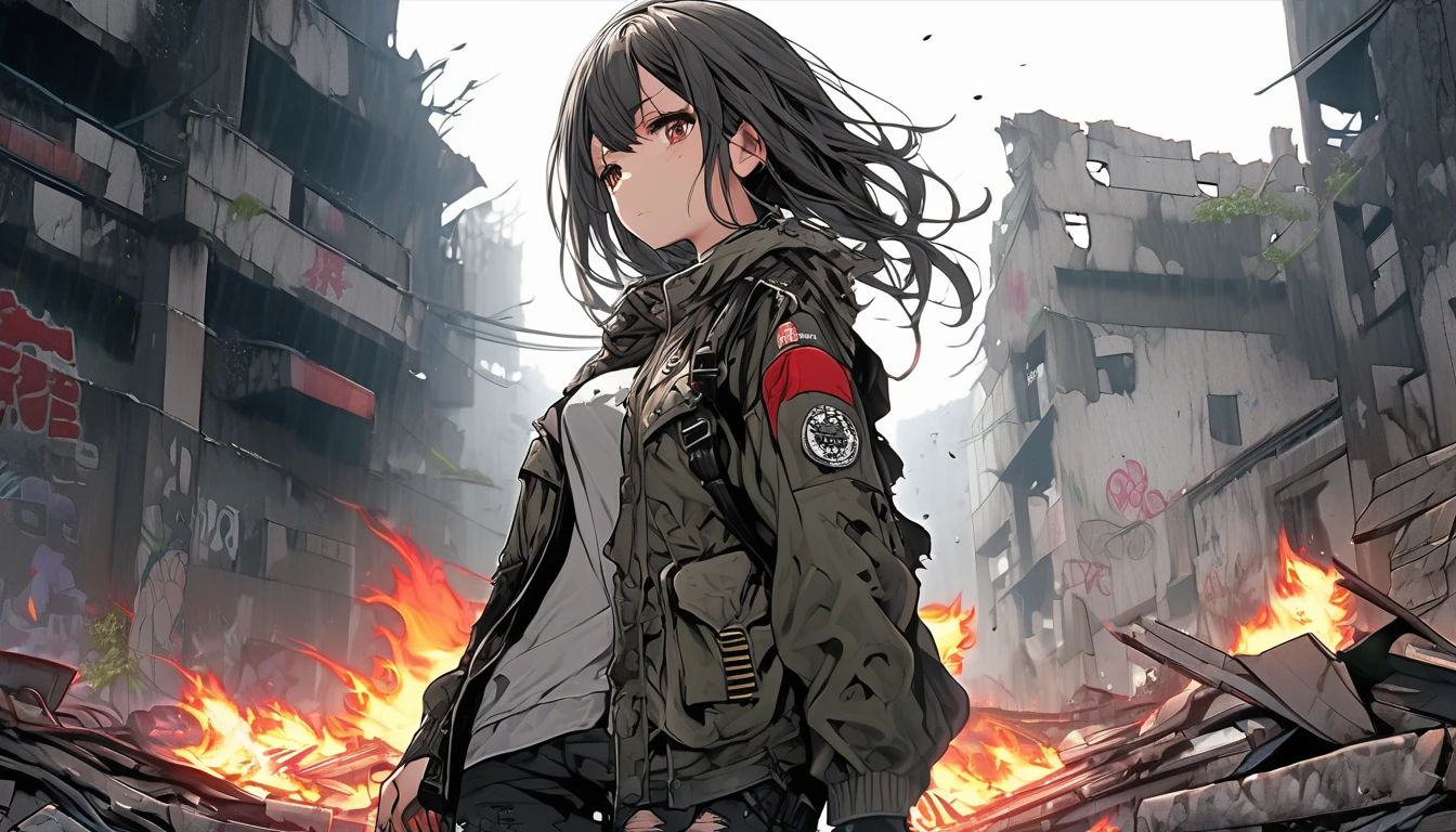 **232. One person。A ruined city and a rebel female warrior。Devastation+Rebellious。Cowboy shot or close-up。
masterpiece, best quality, ultra detailed (Detailed fingers), (Emotional), (Breathtakingly beautiful),
(main part: 1.2 Whole body。), (Anime Style), (Very detailed), (Rebelliousな),
(超High resolution, High resolution), (8k), (High resolution: 1.2), (Complex and beautiful: 1.2)**
- background: Abandoned slums、A wall covered in graffiti。
- character: Female soldier in tattered jacket and military boots。
-pose: Holding a bat in the ruins、Looking straight ahead。
-expression: 鋭い目つきとRebelliousな表情、Makes you feel determined。
- Effects: Smoke leaking from destroyed buildings、A fire burning in the distance。
-color: In dark tones、Contrast with neon lights shining in some areas。