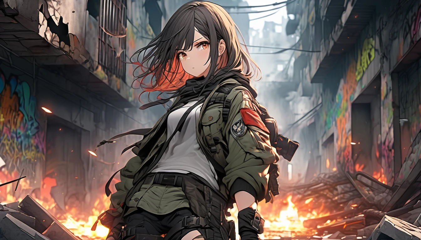 **232. One person。A ruined city and a rebel female warrior。Devastation+Rebellious。Cowboy shot or close-up。
masterpiece, best quality, ultra detailed (Detailed fingers), (Emotional), (Breathtakingly beautiful),
(main part: 1.2 Whole body。), (Anime Style), (Very detailed), (Rebelliousな),
(超High resolution, High resolution), (8k), (High resolution: 1.2), (Complex and beautiful: 1.2)**
- background: Abandoned slums、A wall covered in graffiti。
- character: Female soldier in tattered jacket and military boots。
-pose: Holding a bat in the ruins、Looking straight ahead。
-expression: 鋭い目つきとRebelliousな表情、Makes you feel determined。
- Effects: Smoke leaking from destroyed buildings、A fire burning in the distance。
-color: In dark tones、Contrast with neon lights shining in some areas。