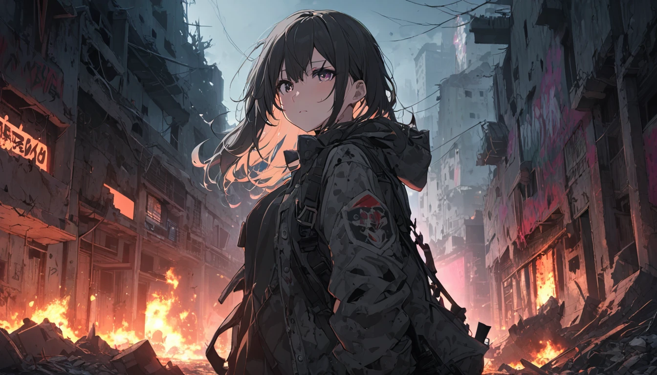 **232. One person。A ruined city and a rebel female warrior。Devastation＋Rebellious。Cowboy shot or close-up。  
masterpiece, best quality, ultra detailed (Detailed fingers), (Emotional), (Breathtakingly beautiful),  
(main part: 1.2 Whole body。), (Anime Style), (Very detailed), (Rebelliousな),  
(超High resolution, High resolution), (8k), (High resolution: 1.2), (Complex and beautiful: 1.2)**
- background: Abandoned slums、A wall covered in graffiti。
- character: Female soldier in tattered jacket and military boots。
-pose: Holding a bat in the ruins、Looking straight ahead。
-expression: 鋭い目つきとRebelliousな表情、Makes you feel determined。
- Effects: Smoke leaking from destroyed buildings、A fire burning in the distance。
-color: In dark tones、Contrast with neon lights shining in some areas。
