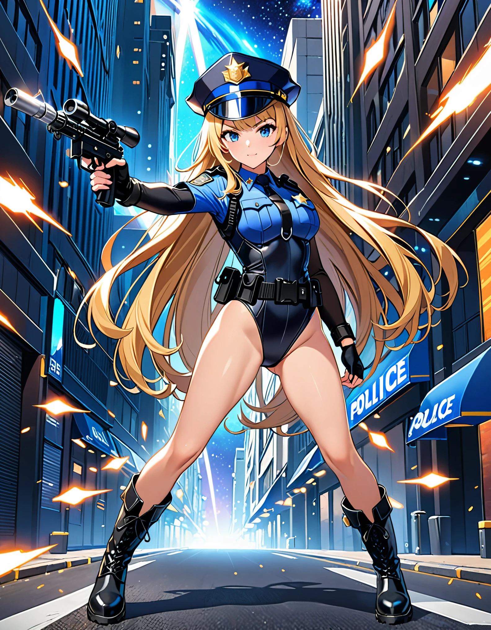 (masterpiece), (best quality), (high res), 1girl, tall body, ((long hair, blonde hair, bangs)), (blue eyes), beautiful detailed eyes, beautiful detailed face, cute face, finger proportions coordination, perfect hands, complete fingers, perfect anatomy, perfect proportions, ((hat, jet black police hat)), ((leotard, matching leotard, bare legs)), ((boots, matching boots)), breasts, medium breasts, (tactical headset), fingerless gloves, (full body portrait), looking at viewer, solo, solo focus, aggressive action pose, police uniform, shoulder pads, cowboy shot, galactic street backdrop, outdoors, (belt, tight belt), (armbands, white sleeves), holster, ahoge, using dl44blstr, serious, shootout, blaster bolts, full body costume design.