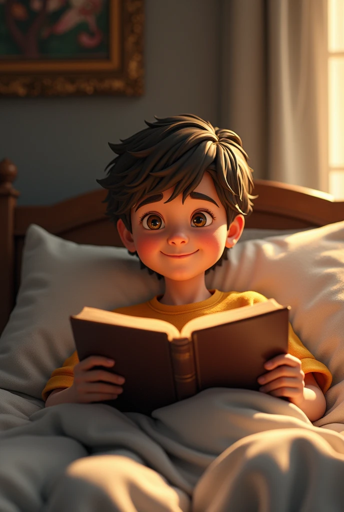 create a happy age boy reading the Bible in his bed with a more realistic vibe