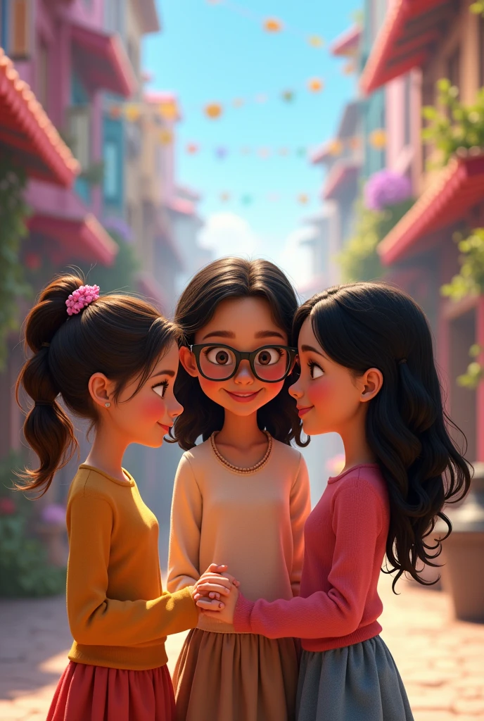 3 girls together, one with glasses and black hair tied in a ponytail, the other one with long loose black hair and the other girl with loose brown hair and a bit Chinese, pixar disney version