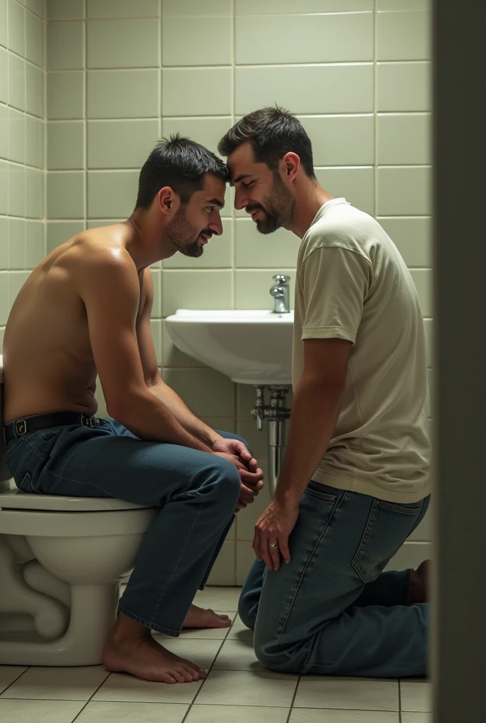 Two man in bathroom one is doing toilet and other is cleaning that toilet 