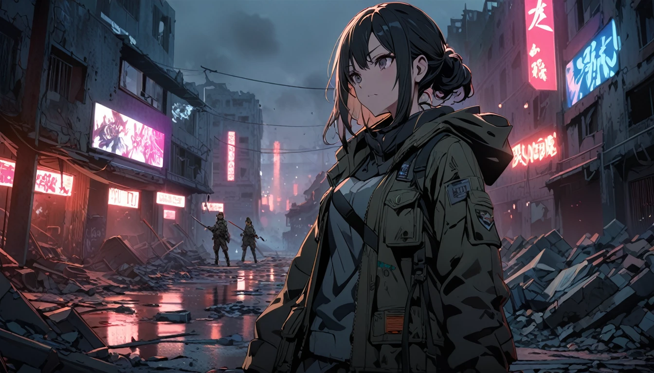 **232. One person。A ruined city and a rebel female warrior。Devastation+Rebellious。Cowboy shot or close-up。
masterpiece, best quality, ultra detailed (Detailed fingers), (Emotional), (Breathtakingly beautiful),
(main part: 1.2 Whole body。), (Anime Style), (Very detailed), (Rebelliousな),
(超High resolution, High resolution), (8k), (High resolution: 1.2), (Complex and beautiful: 1.2)**
- background: Abandoned slums、A wall covered in graffiti。
- character: Female soldier in tattered jacket and military boots。
-pose: Holding a bat in the ruins、Looking straight ahead。
-expression: 鋭い目つきとRebelliousな表情、Makes you feel determined。
- Effects: Smoke leaking from destroyed buildings、A fire burning in the distance。
-color: In dark tones、Contrast with neon lights shining in some areas。