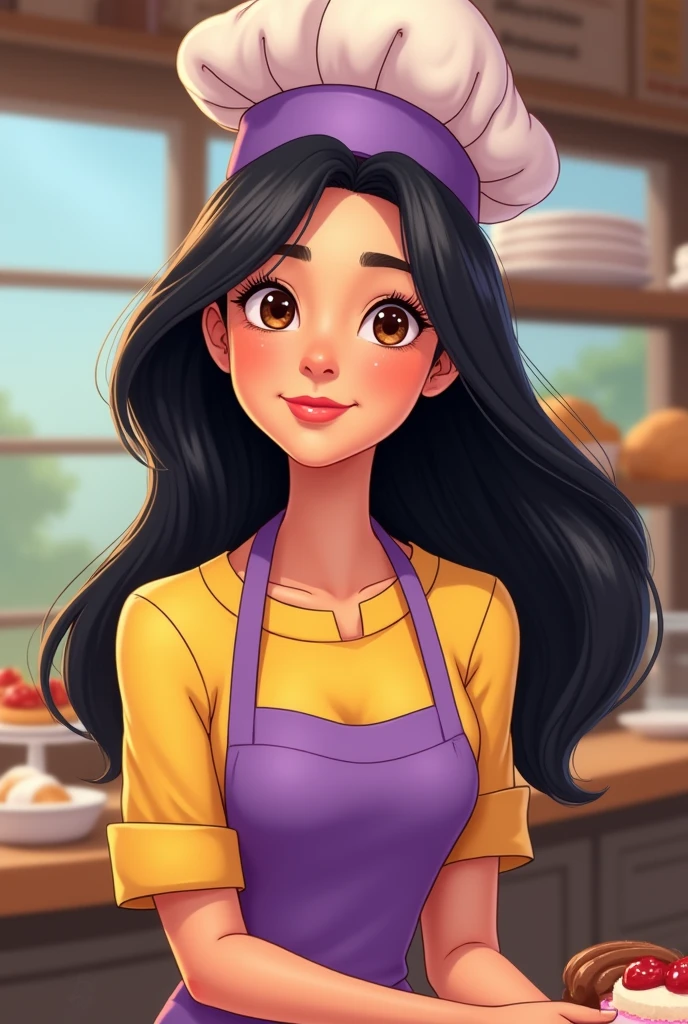 Disney Pixer style. Woman aged 30 years old, com olhos castanhos, hair long black, in yellow and purple pastry chef's outfit and chef's hat. Have simple details