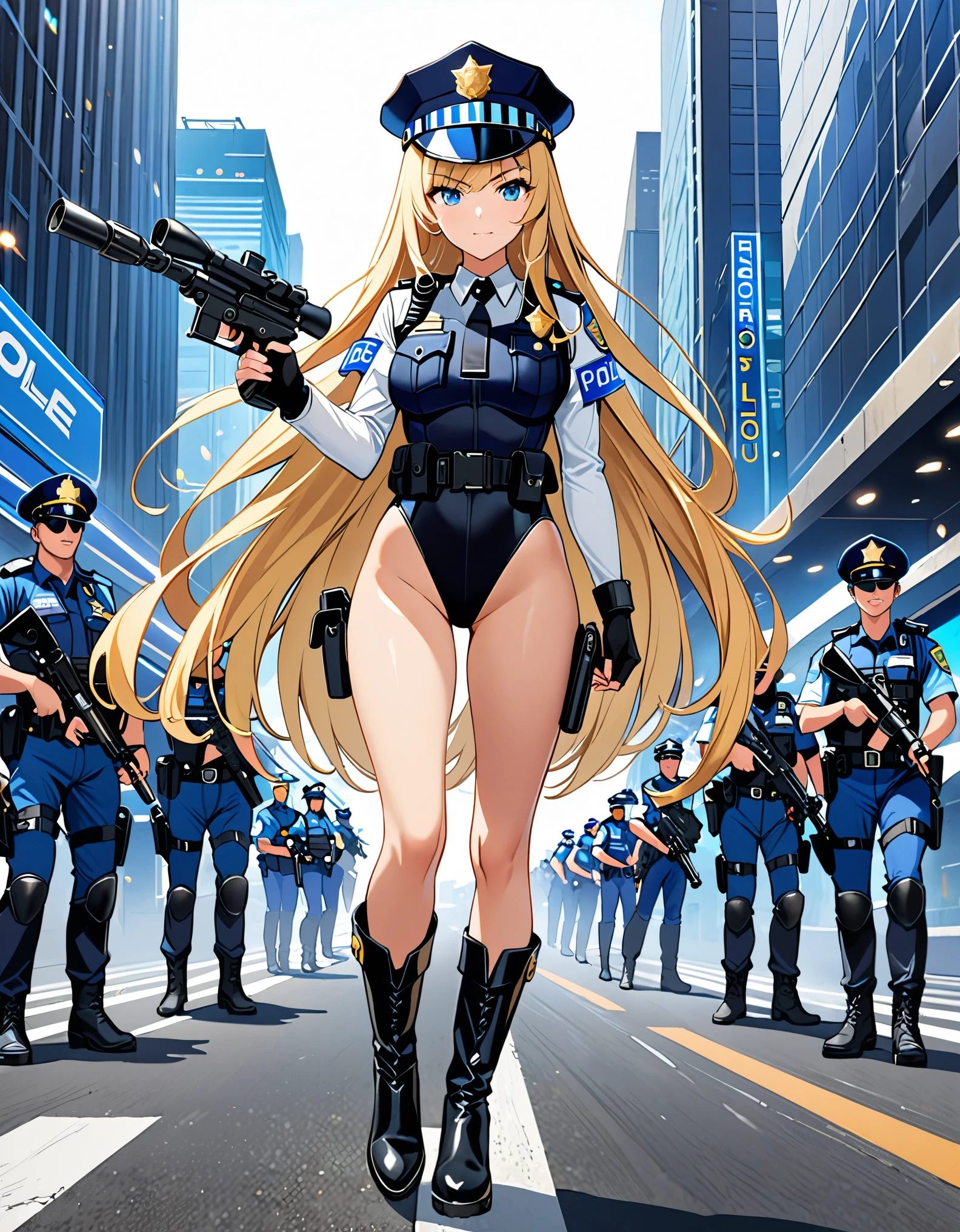 (masterpiece), (best quality), (high res), 1girl, tall body, ((long hair, blonde hair, bangs)), (blue eyes), beautiful detailed eyes, beautiful detailed face, cute face, finger proportions coordination, perfect hands, complete fingers, perfect anatomy, perfect proportions, ((hat, jet black police hat)), ((leotard, matching leotard, bare legs)), ((boots, matching boots)), breasts, medium breasts, (tactical headset), fingerless gloves, (full body portrait), looking at viewer, solo, solo focus, aggressive action pose, police uniform, shoulder pads, cowboy shot, galactic street backdrop, outdoors, (belt, tight belt), (armbands, white sleeves), holster, ahoge, using dl44blstr, serious, shootout, blaster bolts, full body costume design.