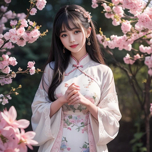best quality, Delicate face，beautiful visual work, lifelike,  eternity, black hair, Long curly hair, blunt bangs, Smile, Detailed Background,  Delicate face，pink blush，cold，((masterpiece))、(top quality)、8k、high detail、Super detailed，21 years old female，Wearing Chinese cheongsam、Seductive and whimsical style、masterpiece、born、Scenes resembling fairy tale illustrations、Intricate details and complex designs、Beautifully、magic、capricious、 Beautifully、Dream aesthetics、「𝓡𝓸𝓶𝓪𝓷𝓽𝓲𝓬、ethereal、charming、fickle、magic」、Realism、Visual effects、FXAA、SSAO、Shaders、voiceless、ambient lighting、Tone mapping、High resolution、Ultra high quality、Million pixels、(8K resolution:1.10)、8k、Below 8K、8K resolution、high detail、intricate details， (high quality:1.2、masterpiece:1.2、:1.21)、(21 years old female:1.21)、(Smile excitedly)、(Surrounded by the dreamy atmosphere、Model diagram，full-body shot，Normal 2 feet，Don't show your fingers