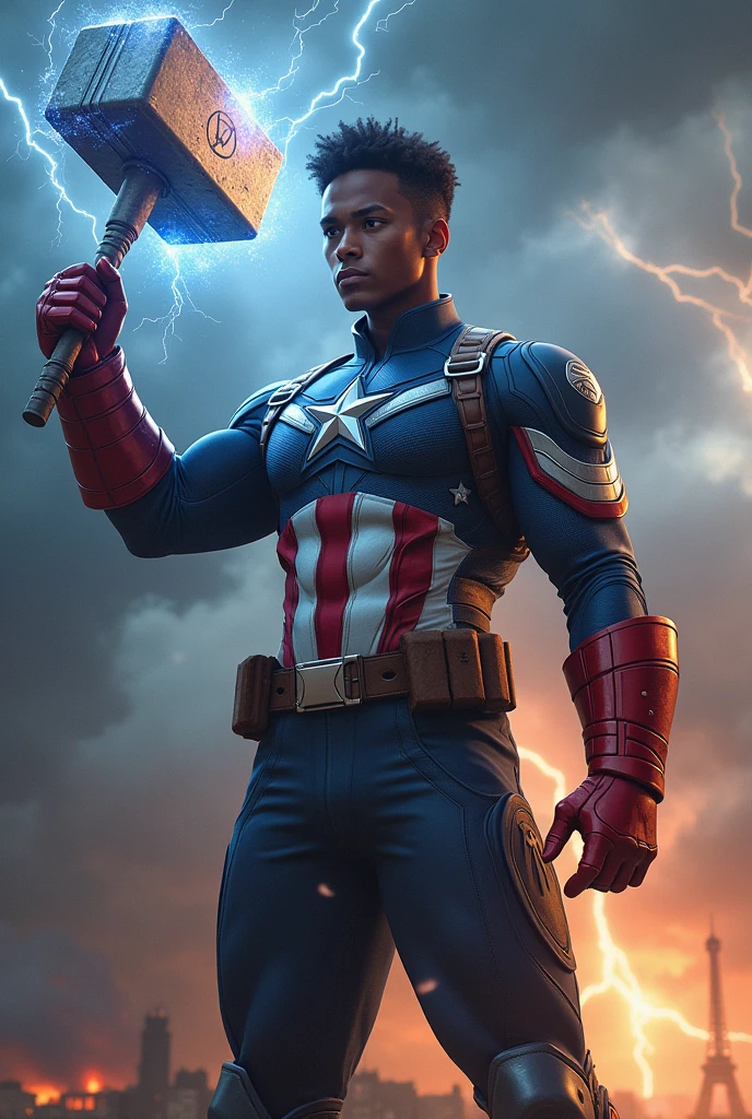 Young black Captain America with Thor's hammer
