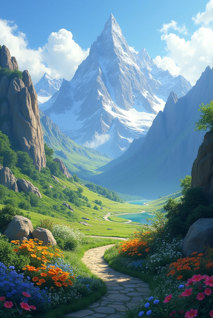 A flowery garden in a distant place high in the mountains