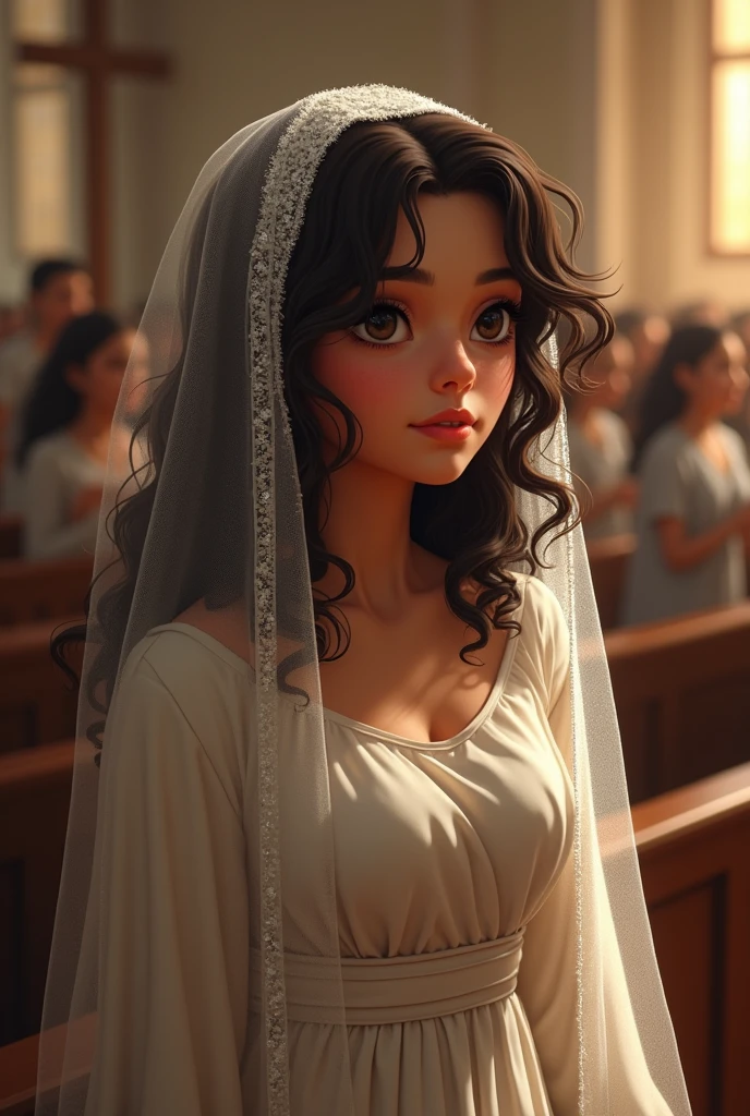 A fat white girl, de 18 anos, Brazilian, with Modest long sleeved dress , in a Catholic church wearing a full head-length white sequined veil at mass, with almost long, curly dark hair, and dark brown eyes 
