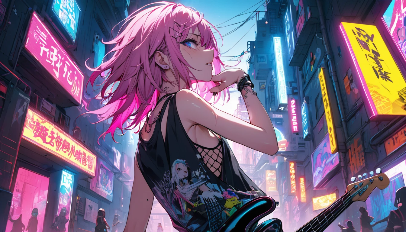 **233. One person。The Punk Rock Goddess and the Neon City。treason+Energetic。Cowboy shot or close-up。
masterpiece, best quality, ultra detailed (Detailed fingers), (Emotional), (Breathtakingly beautiful),
(main part: 1.2 Whole body。), (Anime Style), (Very detailed), (treason的),
(超High resolution, High resolution), (8k), (High resolution: 1.2), (Complex and beautiful: 1.2)**
- background: Neon-lit slums at night、Posters hanging on the walls of buildings。
- character: Punk rock goddess in ripped fishnet stockings and a tank top。
-pose: Guitar on shoulder、Singing under the neon lights。
-expression: Energeticで挑戦的な表情、The gaze is directed towards the audience。
- Effects: Bright neon lights accentuate her silhouette。
-color: Neon pink and blue、Vibrant colors that stand out against the dark cityscape。
