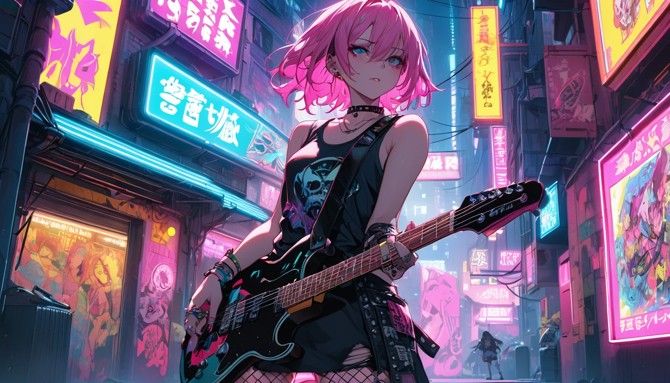 **233. One person。The Punk Rock Goddess and the Neon City。treason＋Energetic。Cowboy shot or close-up。  
masterpiece, best quality, ultra detailed (Detailed fingers), (Emotional), (Breathtakingly beautiful),  
(main part: 1.2 Whole body。), (Anime Style), (Very detailed), (treason的),  
(超High resolution, High resolution), (8k), (High resolution: 1.2), (Complex and beautiful: 1.2)**
- background: Neon-lit slums at night、Posters hanging on the walls of buildings。
- character: Punk rock goddess in ripped fishnet stockings and a tank top。
-pose: Guitar on shoulder、Singing under the neon lights。
-expression: Energeticで挑戦的な表情、The gaze is directed towards the audience。
- Effects: Bright neon lights accentuate her silhouette。
-color: Neon pink and blue、Vibrant colors that stand out against the dark cityscape。
