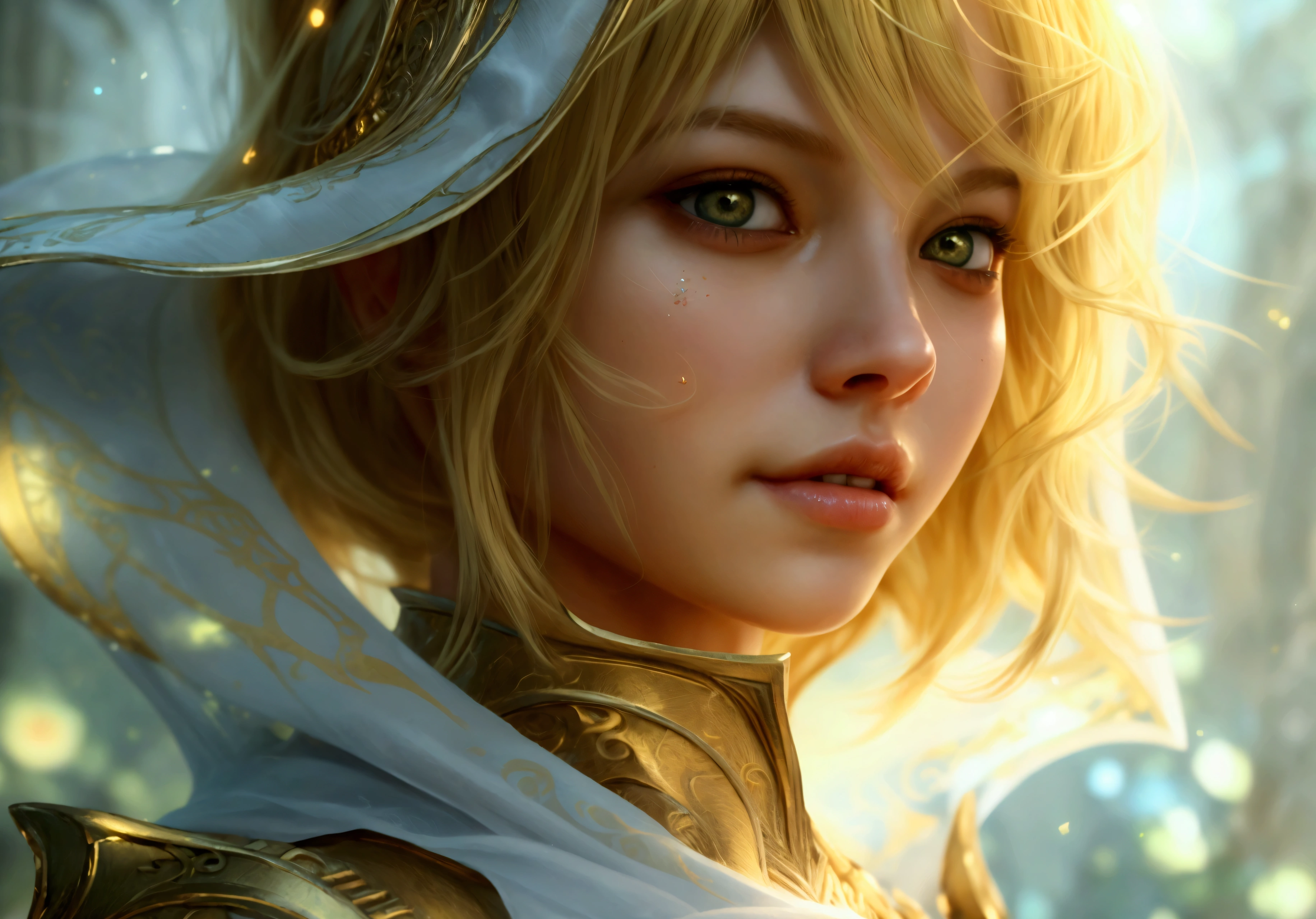 head close up, front camera, realistic digital painting portrait of a human woman, 3r1nm0r1art72, cute smile, (Wavy hair:1.1), (hair blonde:1.3), magical yellow universe, white magical cloth armor with yellow engraving in intricate detail, (abstrato, fund:1.2), (slight particle:1.1), (very detailed skin:1.2), (game concept:1.3), (Elden ring style:1.3), (arcane style:0.8), (Depth of field:1.3), Global illumination, art by hoang lap and fuji hoko and artgerm and greg rutkowski and viktoria gavrilenko