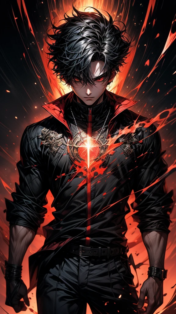 Masterpiece, best quality, high resolution, highly detailed, 1 young boy ( teenager 18 years old), young handsome face,  black hair ( light in the hair), red eyes ( glowing eyes ), cold expression ( cold look ), wearing black clothes and black pants, , surrounded by the splendors of the universe, pay attention to stunning details, and achieve a resolution of k, floating in a dynamic pose, high quality, with a majestic red aura of authority. Red aura emanating from the character, cold look, devoid of any emotion, dark background, really short hair 