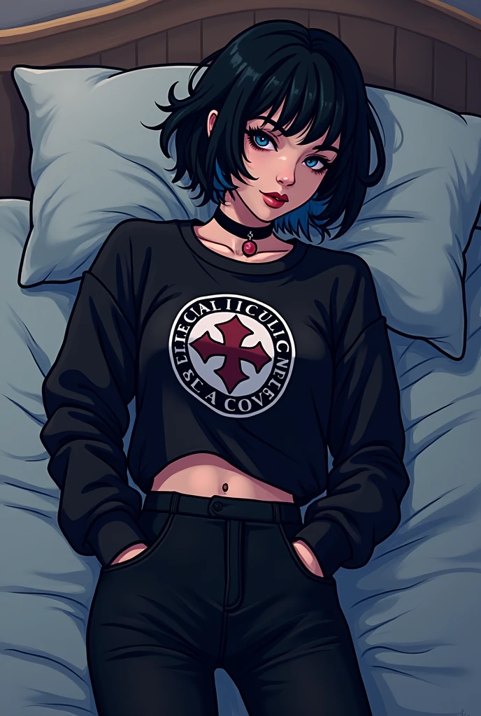 (pixelart: 1.2), beautiful gothic women, sexy goth girl, designer sweatshirt coat with logos, pants, short black hair with blue tips, bedroom, lying in bed, (by Isaac quek: 0.8) [by Ilya Kuvshinov: 0.65]