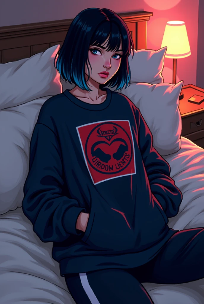 (Pixel art: 1.2), Beautiful Gothic Woman, Sexy Goth Girl, Designer sweatshirt coat with logo, pants, Short black hair with blue tips, Bedroom, Lying in bed, (Isaac Quek: 0.8) [By Ilya Kuvshinov: 0.65]
