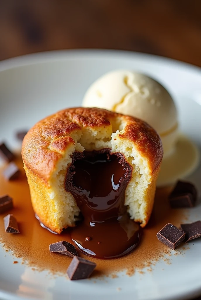 Muffin with melted chocolate inside and a scoop of vanilla ice cream