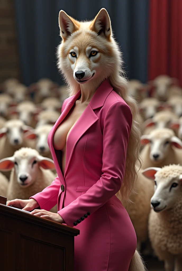 A sexy, not-thin animal wolf dressed in pink soberly without showing breasts or cleavage,with a sensual look, Speaking in front of an audience of sheep as an election candidate 