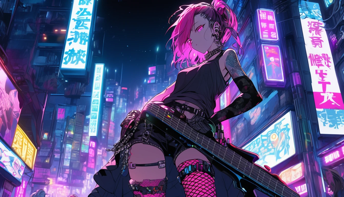 **233. One person。The Punk Rock Goddess and the Neon City。treason＋Energetic。Cowboy shot or close-up。  
masterpiece, best quality, ultra detailed (Detailed fingers), (Emotional), (Breathtakingly beautiful),  
(main part: 1.2 Whole body。), (Anime Style), (Very detailed), (treason的),  
(超High resolution, High resolution), (8k), (High resolution: 1.2), (Complex and beautiful: 1.2)**
- background: Neon-lit slums at night、Posters hanging on the walls of buildings。
- character: Punk rock goddess in ripped fishnet stockings and a tank top。
-pose: Guitar on shoulder、Singing under the neon lights。
-expression: Energeticで挑戦的な表情、The gaze is directed towards the audience。
- Effects: Bright neon lights accentuate her silhouette。
-color: Neon pink and blue、Vibrant colors that stand out against the dark cityscape。
