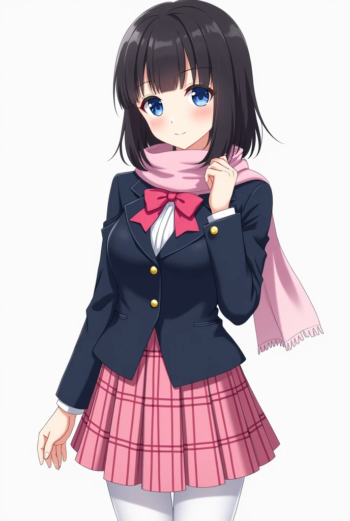 Female anime character with shoulder-length black hair and bangs,Blue eyes long lower eyelashes,With white skin and pink lips,with a dark blue blazer with gold buttons,a pink bow tie in the front,a pink plaid skirt,White leggings,Black shoes and pink scarf.