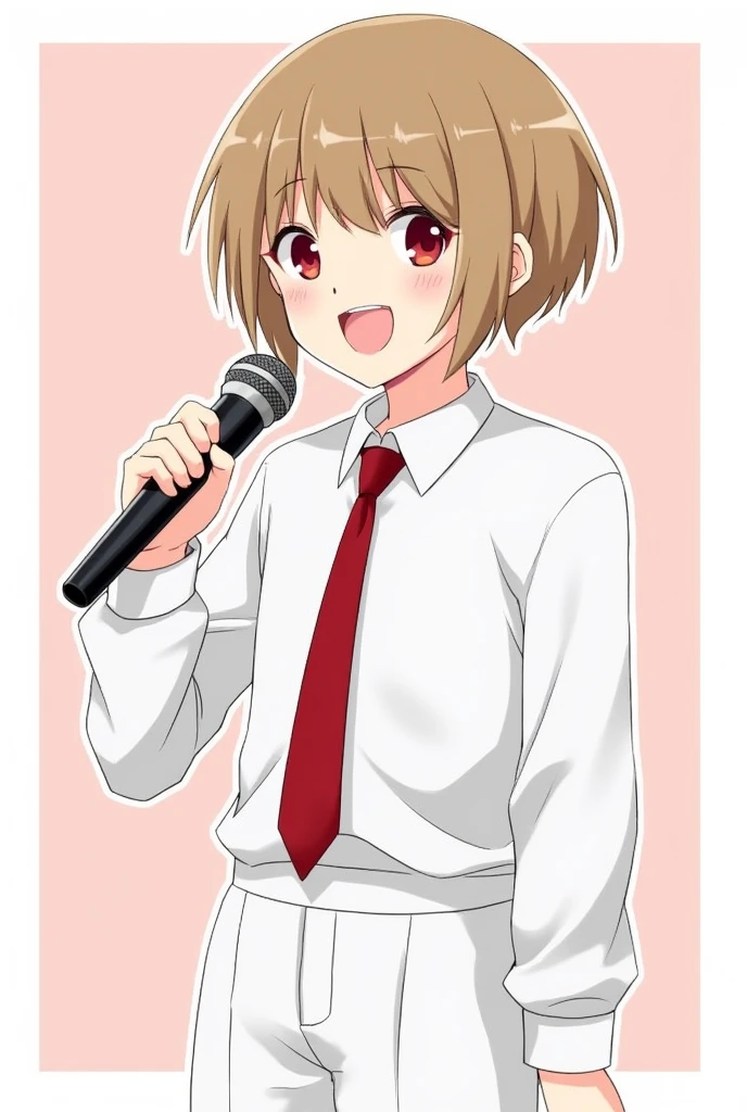 juvenile。Hair style is mushroom cut。Hair color is light brown hair。Her eyes are a beautiful ruby red。He is wearing a stylish white outfit and a red tie.。He is a member of a singing group.。A bright and cheerful smile。