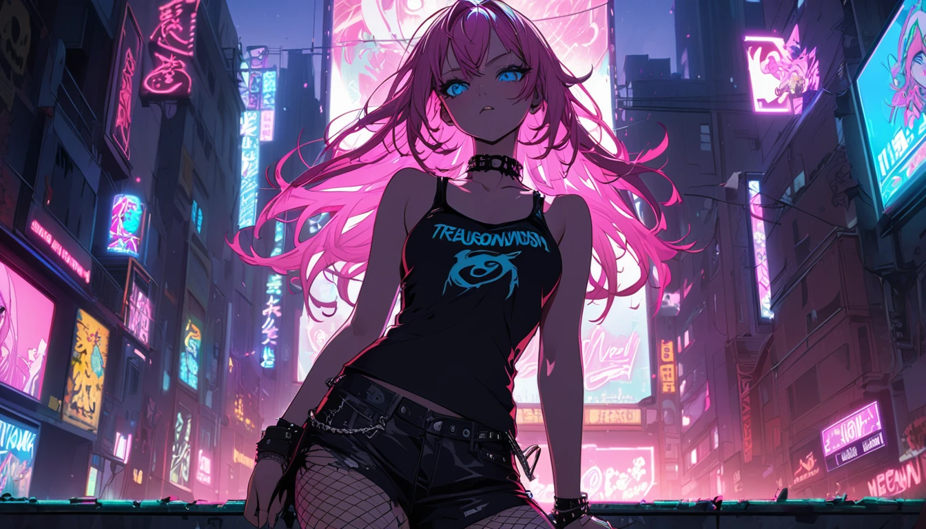 **233. One person。The Punk Rock Goddess and the Neon City。treason＋Energetic。Cowboy shot or close-up。  
masterpiece, best quality, ultra detailed (Detailed fingers), (Emotional), (Breathtakingly beautiful),  
(main part: 1.2 Whole body。), (Anime Style), (Very detailed), (treason的),  
(超High resolution, High resolution), (8k), (High resolution: 1.2), (Complex and beautiful: 1.2)**
- background: Neon-lit slums at night、Posters hanging on the walls of buildings。
- character: Punk rock goddess in ripped fishnet stockings and a tank top。
-pose: Guitar on shoulder、Singing under the neon lights。
-expression: Energeticで挑戦的な表情、The gaze is directed towards the audience。
- Effects: Bright neon lights accentuate her silhouette。
-color: Neon pink and blue、Vibrant colors that stand out against the dark cityscape。
