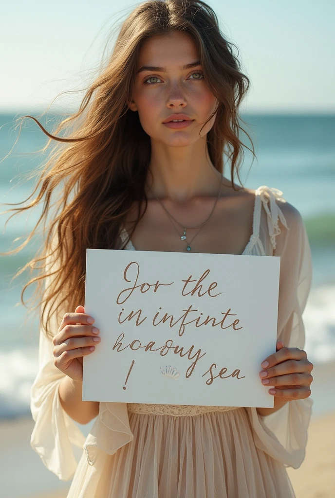 Beautiful girl with wavy long hair, bohemian dress, holding a white board with text "I Love Seaart Infinity" and showing it to the viewer