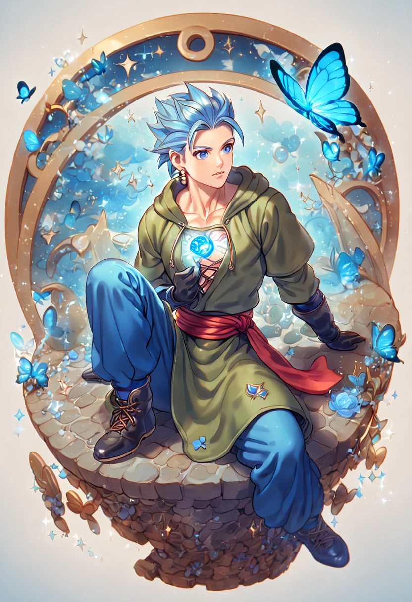 absurdres, highres, ultra detailed, HDR, master piece, best quality, extremely detailed, Erik, light-blue hair, hair slicked up, spiked hair, expressive blue eyes, Dragon Quest XI, solo, y man sitting, handsome, sensual, manly man, hooded dark green tunic with lacing that exposes his chest, a red sash tied around his waist, golden earring, black gloves, blue pants, fantasy, magic, sparkling, water, blue moon, blue flowers, blue butlies, blue petals