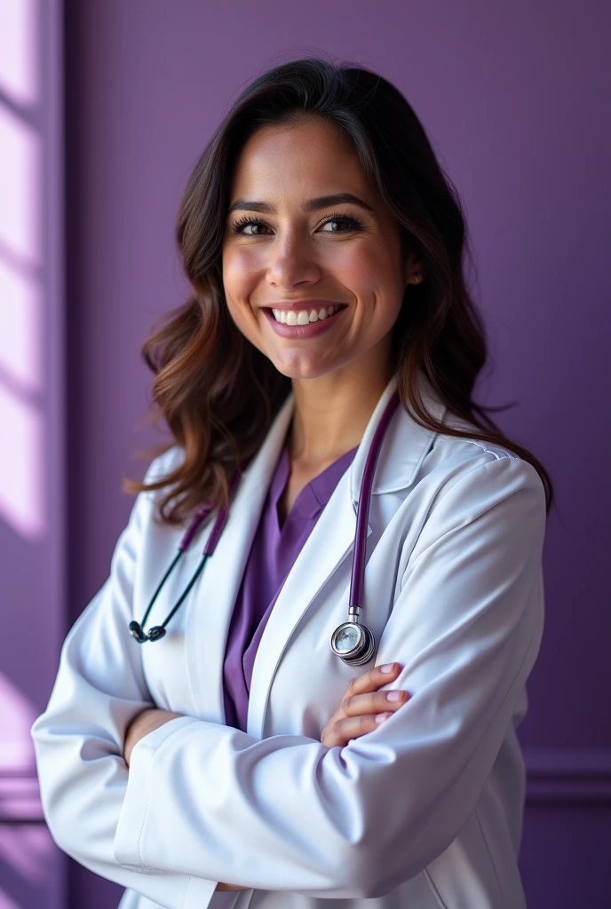 Create an advertisement with a real image, opening of Neurosurgery office, using the color purple in different shades and a photo of Dr.. Diana Paz Hernández with her name highlighted and advertising some of the services she offers, For example: "Virtual consultation, in-person and specialized surgeries" 