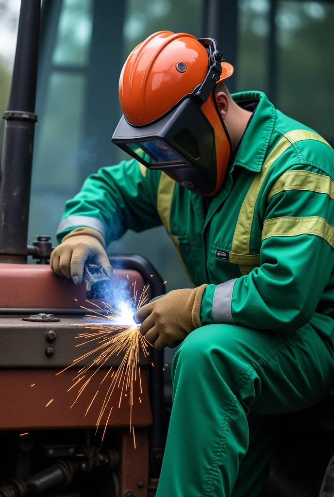Create an image of a welder, performing welding on a tractor ,using personal protective equipment and a green uniform with reflective strips.
