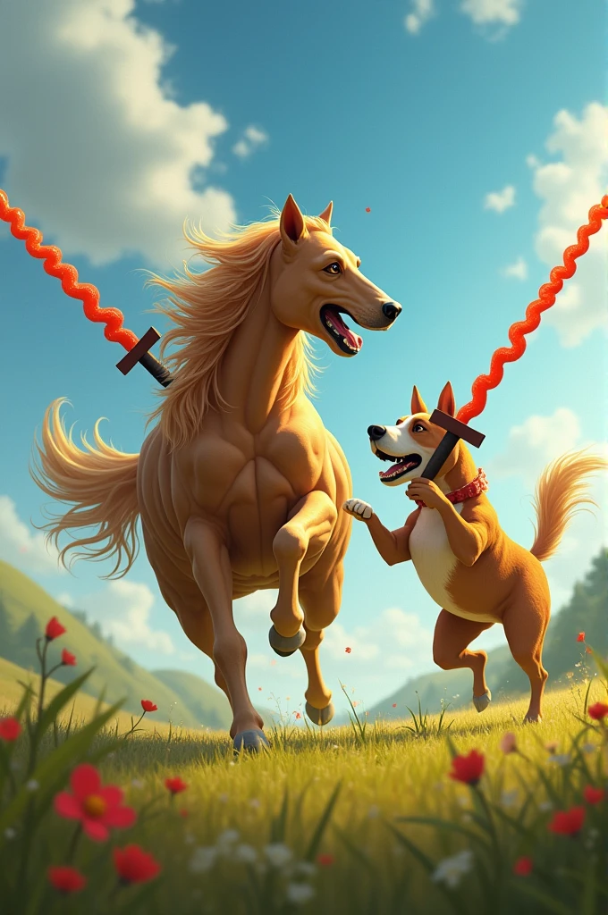 Create a Golden Retriever on a horse fighting a Bull Terrier with licorice swords