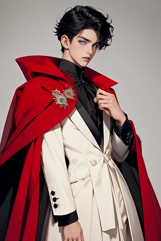 masterpiece, 最high quality, high quality, 1 boy, alone, Male focus, Watching the audience,  Messy black hair, Adorable big blue eyes, White, Noble, Noble,A sexy, voluminous, puffy cape、tuxedo、A very voluminous, large, very large, very large, long, long red and black cape with a high stand-up collar, made of a lot of fabric that reaches down to the floor., 17 years old,Cute beautiful boys,Cute, cute, kind, handsome guy