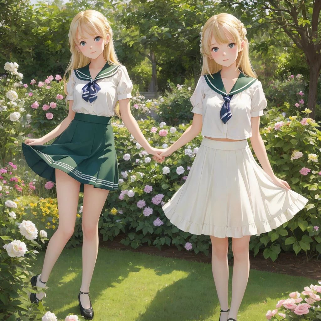 3 girls, long hair, Big , Blushing, blond, Green-eyed sailor suit short skirt 1933 style cute and beautiful girl 18 years old in the garden beautiful long legs high resolution, best quality, masterpiece, Lift skirt mini skirt take off clothes top transparent,