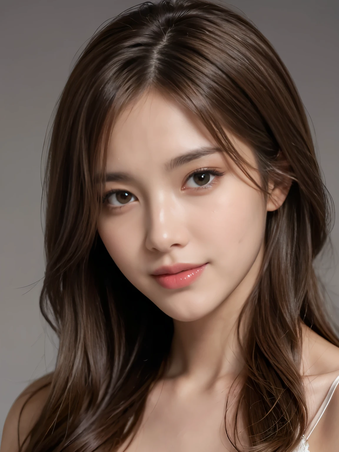 Best quality, realistically, ultra - detailed, Detailed pubic hair, A high resolution, solid color backdrop,8k wallpaper, 1 Beautiful woman, light brown messy hair, lock focus, Perfect dynamic composition, beautiful eyes, Delicate hair, Detailed realistically skin texture, Smiling, closeup portrait, Model body type, Random body orientation,
