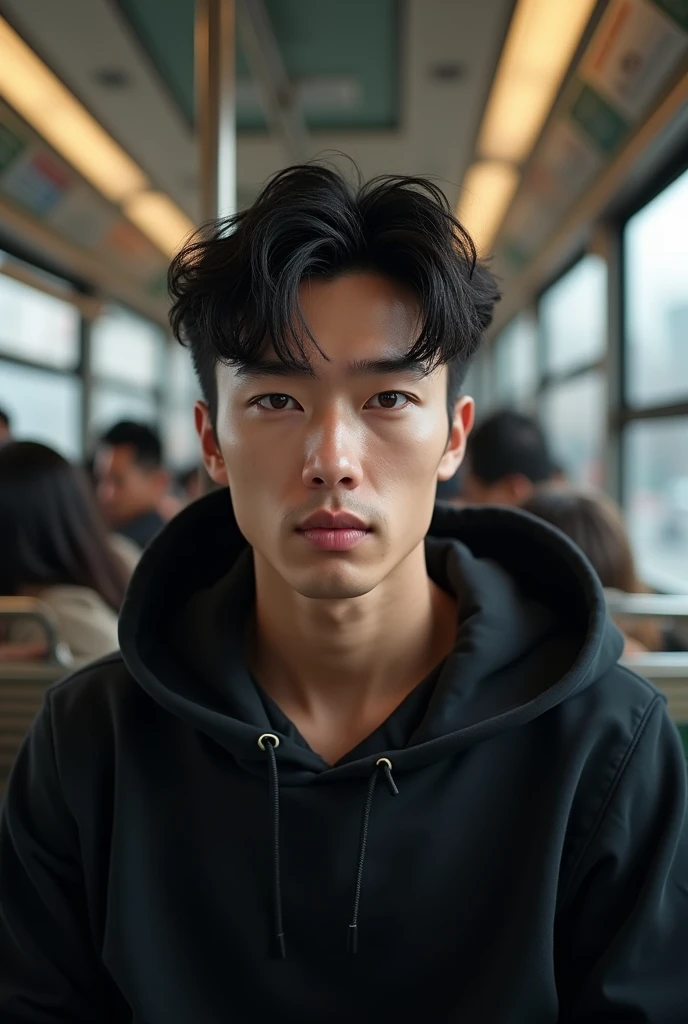 A white-skinned man, but not so white, with normal facial features, but also handsome., by the fluffy style, sitting on a bus, black messy hair with a black street hoodie I want a realistic photo and not like an anime or cartoon and with a wider face