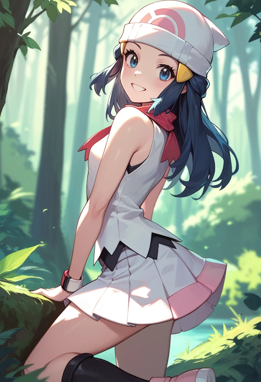 masterpiece, Best Quality, 1 girl, dawn \(Pokémon\), cap, by the wide, For the blue, blue eyes, white sleeveless top, White skirt, black boots, smile, looking at the viewer, forest background,sexy