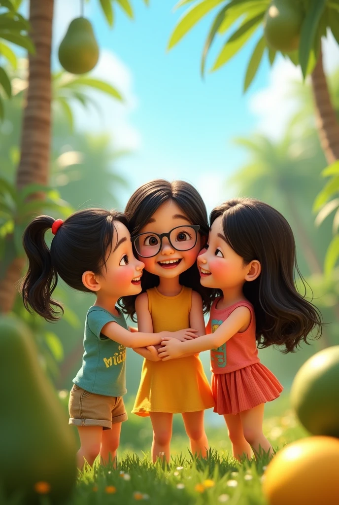 3 girls together, one with glasses and black hair tied in a ponytail, the other one with long loose black hair and the other girl with loose brown hair and a bit Chinese, avocados background pixar disney version