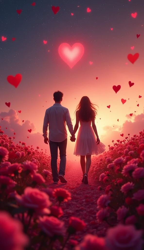 In a romantic atmosphere，A young couple walking through a sea of roses，Under the stars，Feel the romantic theme of Valentine&#39;s Day。