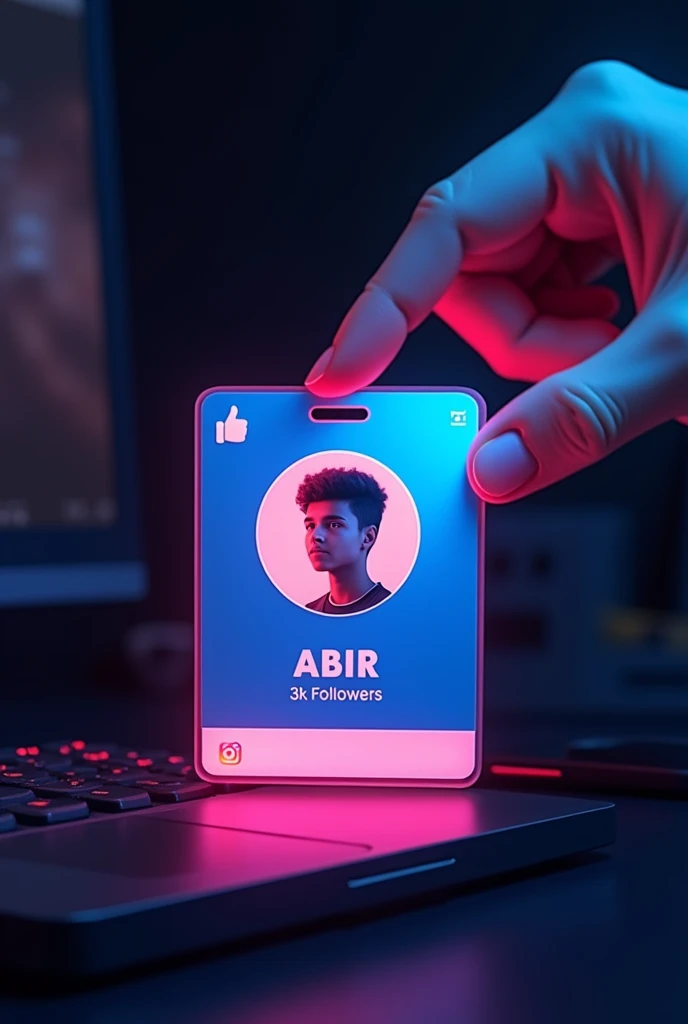 Prompt: Create a Facebook profile on glass id card on a Black desk displaying Instagram logo and realistic profile photo of a circle boy in circle and " ABIR " is written in bold fonts under the profile photo and 3k Followers written, the facebook card is glowing in pink and blue color on the edge, One corner is held with two fingers....less