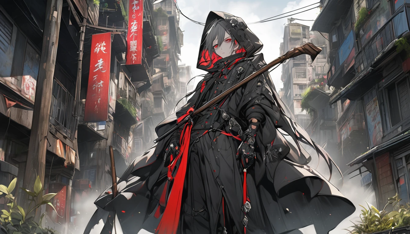 **234. One person。Slumlords and the Dilapidated City。dark+power。Cowboy shot or close-up。
masterpiece, best quality, ultra detailed (Detailed fingers), (Emotional), (Breathtakingly beautiful),
(main part: 1.2 Whole body。), (Anime Style), (Very detailed), (power的),
(超High resolution, High resolution), (8k), (High resolution: 1.2), (Complex and beautiful: 1.2)**
- background: Dilapidated slums、Asphalt road with weeds。
- character: A slumlord in gothic attire、Sharp Eyes。
-pose: stand on high ground、Overlooking the city、The walking stick he holds is symbolic。
-expression: A cold and intimidating look、A gaze that overwhelms others。
- Effects: The low-hanging mist accentuates her silhouette。
-color: Black and grey、Dark tones dotted with neon red。