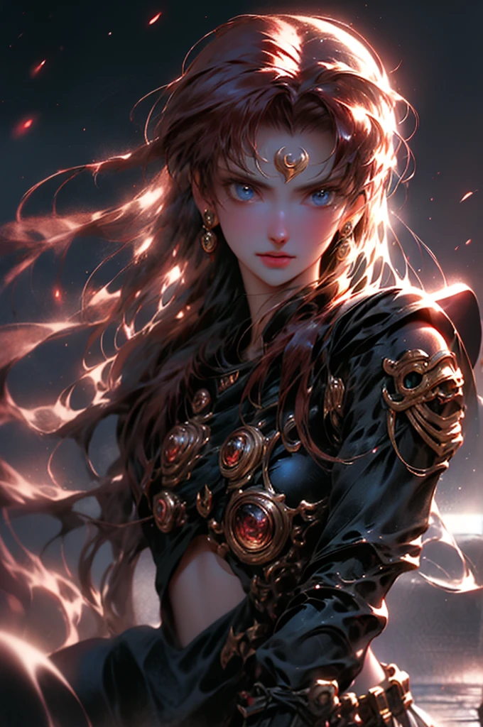 high quality fingers, normal hands, detailed fingers,masterpiece, (realistic, photo-realistic:1.37), (22 years old woman), katarina from league of legends, medium breast, small waist, dark red hair, blue eyes, beautiful face, perfect illumination, beautiful detailed eyes,looking at viewer, stunningly beautiful woman, detailed hairstyle, detailed background,shorts, detailed fantasy background, (sweat:1) no moon in forehead,