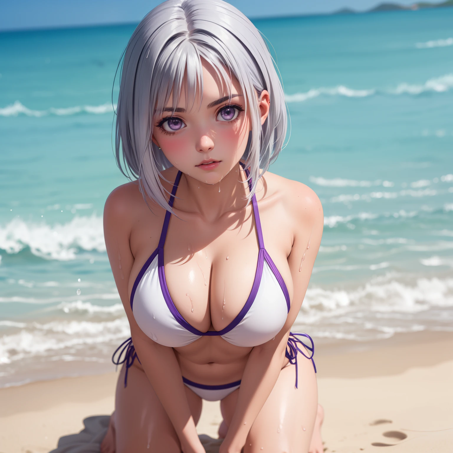 30 year old woman, silver hair , a purple date in her head, silver eyes,  expressionless look, blush, cinta violeta en su cabeza. big breasts, purple and white bikini, background a sunny beach. silver hair, bikini. full body image, wet body, gotas de agua en su pecho, de pien frente al observador. 