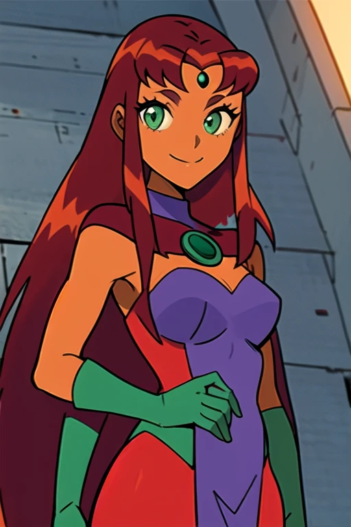 masterpiece, best quality, 1girl, starfire, red hair, long hair, green eyes, orange skin, cape, dress, long skirt, gloves, looking at viewer, solo, smile  