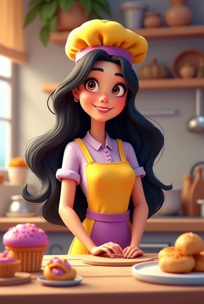 Disney Pixer style. Woman aged 30 years old, com olhos castanhos, hair long black, in yellow and purple pastry chef's outfit and chef's hat. Have simple details