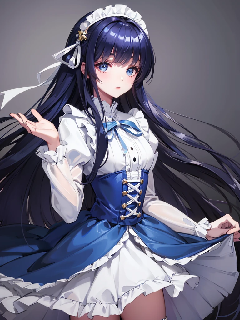 Super delicate cute girl in a ****ta dress with dark blue hair. 8K Ultra High Definition, Delicate texture, Pure white background.